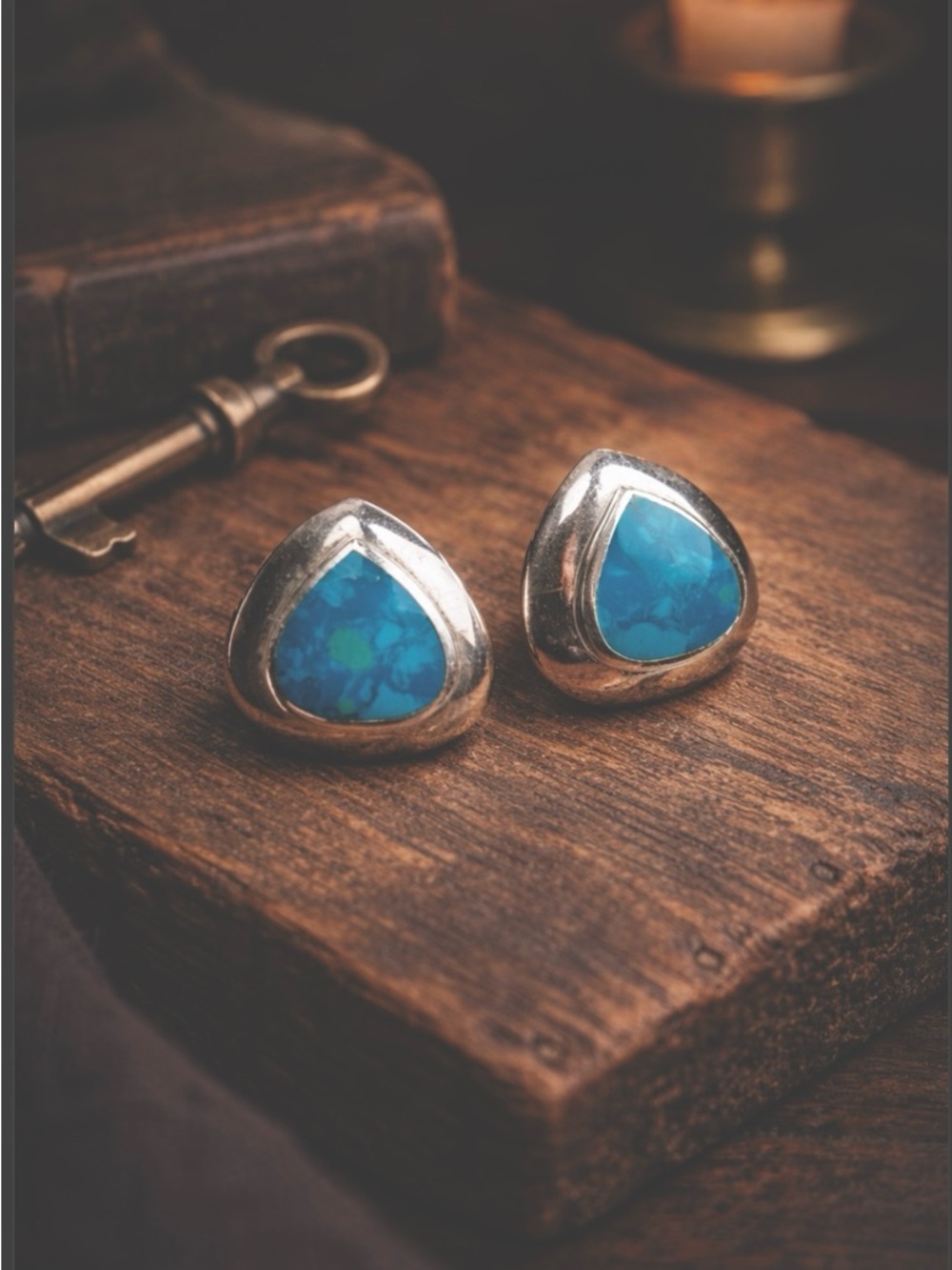 Vintage Sterling Silver Turquoise Inlay Stud Earrings | Teardrop